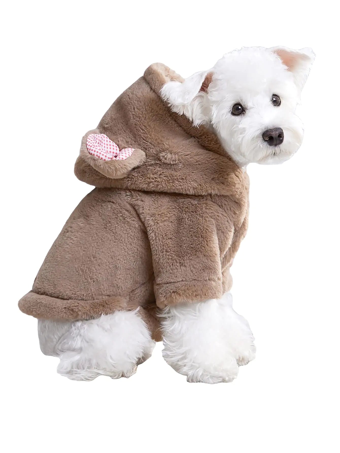 QWINEE Cartoon 3D Ear Fleece Dog Coat Warm Jacket Dog Hoodie Dog Halloween Christmas Costume Clothes Plush Coat for Puppy Kitten Khaki XS