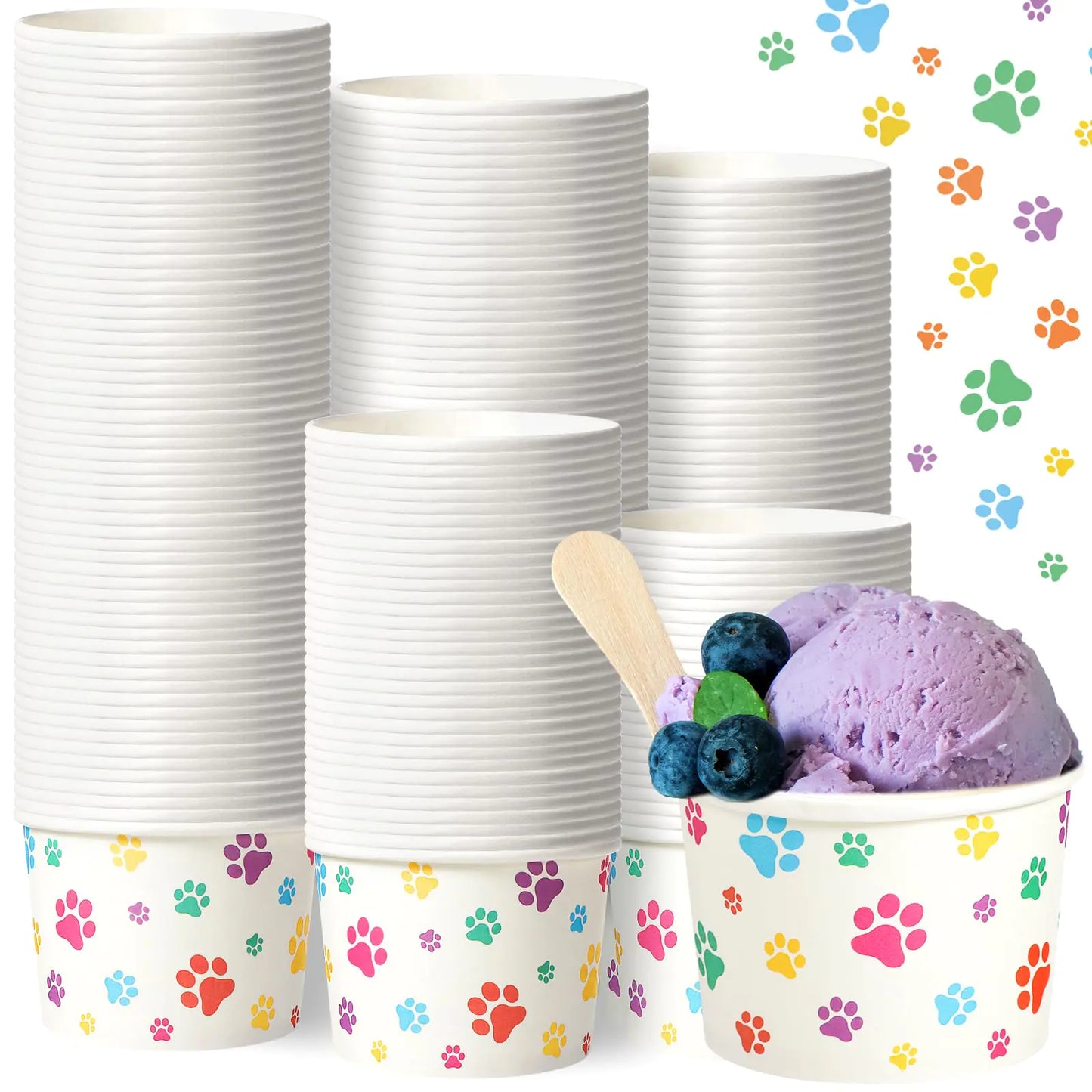 Patelai 200 Count 8 oz Paw Print Ice Cream Cups Bulk Paper Pup Cups Disposable Dog Bowls Dog Paw Print Dessert Cups for Doggie Puppy Pet Dogs Theme Party Whip Ice Cream Snack Treat Food (Colorful)