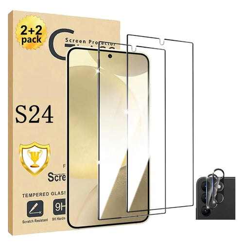 Galaxy S24 Screen Protector Galaxy S24 Tempered Glass Screen Protector【2+2 Pack】 2 Pack Camera Lens Protector 3D Glass 9H Hardness Tempered Glass Screen Protector for Samsung Galaxy S24
