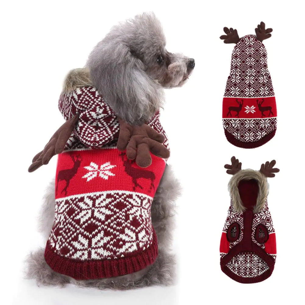 EMUST Christmas Dog Sweater Christmas Sweater for Cats Knit Dog Sweaters for Small Medium Large Dogs Dog Xmas Hoodie with Reindeer Snowflake(M Red)