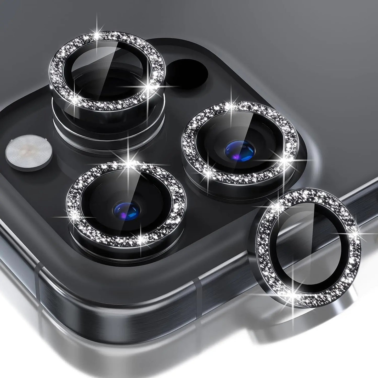 Koegxtu Diamond-Black Compatible for iPhone 16 Pro/iPhone 16 Pro Max Camera Lens Protector Bling 9H Tempered Glass Camera Cover Screen Protector Metal Ring Decoration Accessories