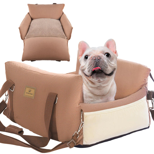 FUTURE FOOT Small Dog Car Seat Soft Puppy Car Seat Dog Car Seat for Small Dogs with Safety Leash and Storage Pockets Portable Dog Bed Car Seat for Travel Carrier (Coffee)