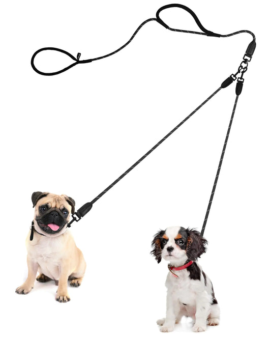 PetBonus Rope Double Dog Leash No Tangle Dual Dog Leash Reflective Walking Training Lead with Two Comfortable Padded Handles 2 Dog Leash Coupler for Small Medium Dogs (1/3" x 6.5FT Black)