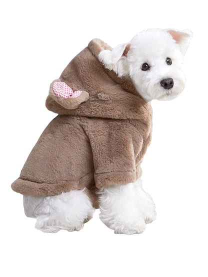 QWINEE Cartoon 3D Ear Fleece Dog Coat Warm Jacket Dog Hoodie Dog Halloween Christmas Costume Clothes Plush Coat for Puppy Kitten Khaki XS