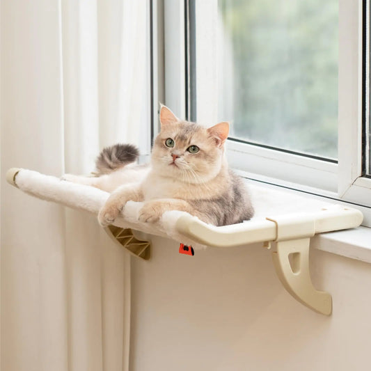 MEWOOFUN Cat Window Sill Perch for Indoor Cats One-Step Sliding Clamping Slot Adjustment Cat Window Hammock with Removable Covers Cat Bed for Windowsill & Bedside (2-in-1 Beige Large)