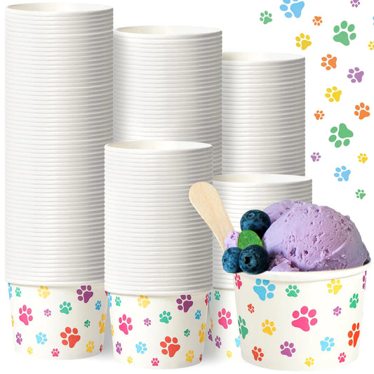 Patelai 200 Count 8 oz Paw Print Ice Cream Cups Bulk Paper Pup Cups Disposable Dog Bowls Dog Paw Print Dessert Cups for Doggie Puppy Pet Dogs Theme Party Whip Ice Cream Snack Treat Food (Colorful)