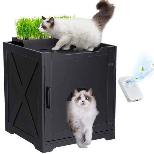GDLF Hidden Cat Litter Box Enclosure Plant Litter Box Easy to Grow Cat Grass Includes Wooden Planters for Indoor Cats with Removable Small Air Purifier Deodorizer