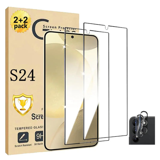 Galaxy S24 Screen Protector Galaxy S24 Tempered Glass Screen Protector【2+2 Pack】 2 Pack Camera Lens Protector 3D Glass 9H Hardness Tempered Glass Screen Protector for Samsung Galaxy S24