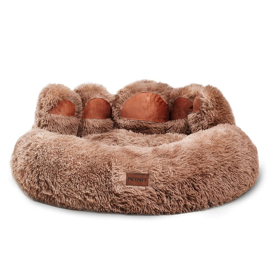 PETART Cute Dog Bed Fluffy Cozy Bear Paw Shape Plush Round Cat Bed for Small Medium Dogs Large Cats Comfortable Sleeping Puppy Cushion Ideal for Indoor Use（Khaki30inch