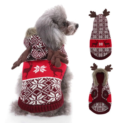 EMUST Christmas Dog Sweater Christmas Sweater for Cats Knit Dog Sweaters for Small Medium Large Dogs Dog Xmas Hoodie with Reindeer Snowflake(M Red)