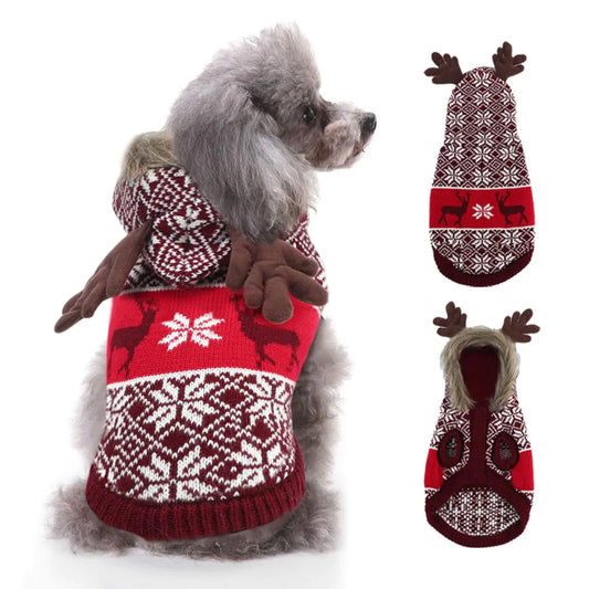 EMUST Christmas Dog Sweater Christmas Sweater for Cats Knit Dog Sweaters for Small Medium Large Dogs Dog Xmas Hoodie with Reindeer Snowflake(M Red)