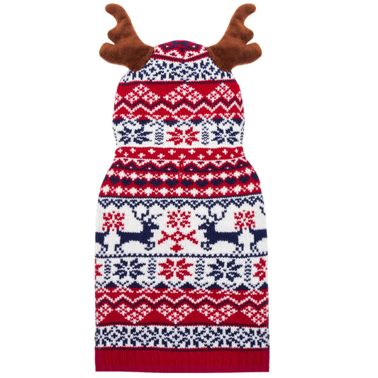 TUKOAW Christmas Dog Sweater Winter Warm Antlers Hoodie Knitwear Pullover Dog Clothes for Cold Weather Cute Ugly Holiday Dog Costume Outfits with Leash Hole for Small Medium Large Dogs Puppy Cats