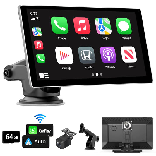 YOKEOMA Carplay Screen for Car 9" Portable Car Stereo with 4K Dash Cam and AHD1080P Backup Camera Comptible with Wireless CarPlay/Android Auto/Miracast/Bluetooth/Navi/Siri Fits All Vehicles