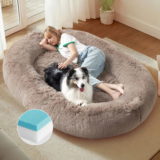 Bedsure Memory Foam Human Dog Bed 72"x48"x12" Calming Giant Human Dog Bed for Adults People Fits Pet Families with Storage Pocket Fluffy Faux Fur Orthopedic Dog Bean Bed Camel
