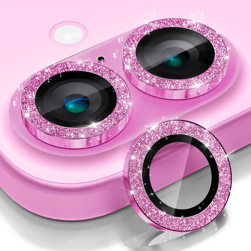 Cloud Valley for iPhone 16 /iPhone 16 Plus Camera Lens Protector Bling [Glitter Decoration] Ultra-HD Tempered Glass Cover Metal Lens Screen Protective Ring Accessories Glitter Pink