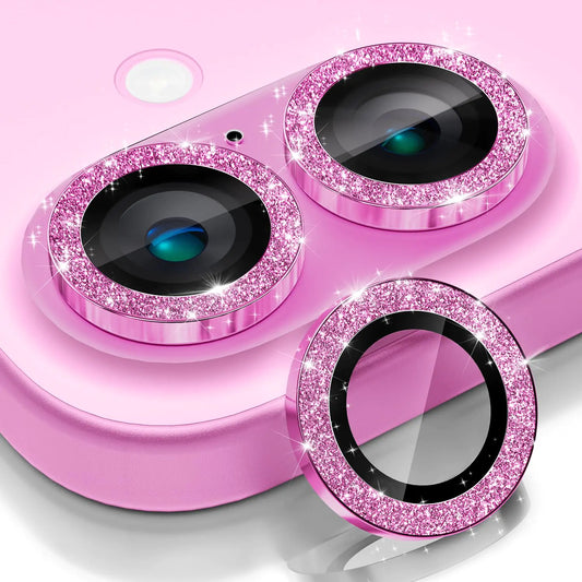 Cloud Valley for iPhone 16 /iPhone 16 Plus Camera Lens Protector Bling [Glitter Decoration] Ultra-HD Tempered Glass Cover Metal Lens Screen Protective Ring Accessories Glitter Pink